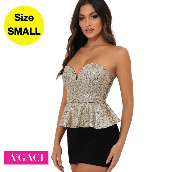 2/for $15 🪩 A'GACI Strapless Peplum Dress, Gold Sequins Bodice 🌟 (Size Small) - Picture 1 of 8